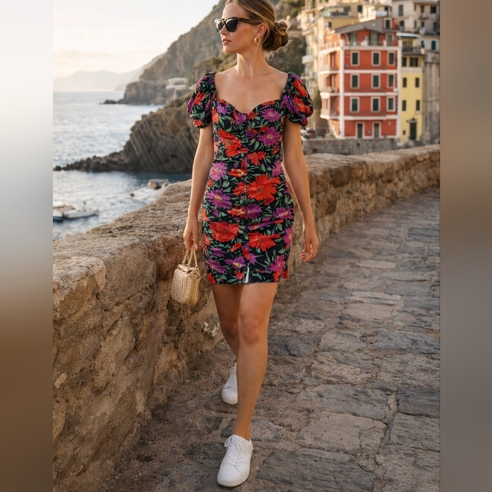 Zara Floral Puff Sleeve Mini Dress XS | Sweetheart Neck Ruched Bodycon Summer - Picture 1 of 11